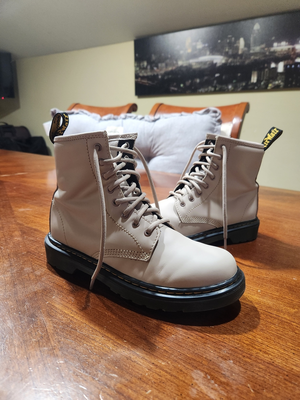 Dr. Martens  Lace-Up Combat Boots in Light Beige Size 3 Youth